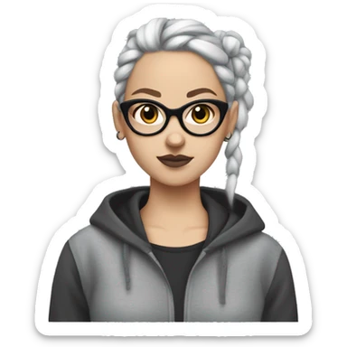 Goth White Girl with black glasses in a grey hoodie with her hair in a bun in a claw clip looking sweet sticker