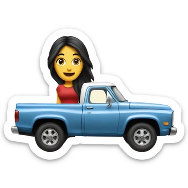 A white lady with long black hair, driving an older red pick up truck sticker