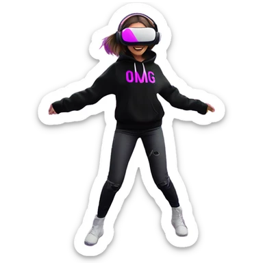 Russian girl wearing black hoody with violet letters "OMG", in vr headset oculus quest2. Dancing. Cyberpunk style. Violet neon. sticker