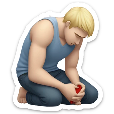 A white-skinned man kneeling and crying, trying to mend his girlfriend's broken heart. The heart is a broken emoji heart, highlighting the emotional scene. sticker
