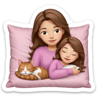 girl with wavy long brown hair, brown eyes, light to medium complexion, long lashes, light pink lipstick, smiling, wearing light pink shirt, sleeping on a cozy pillow, with brown tabby cat  sticker