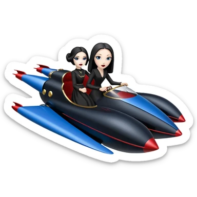Jedi teen Morticia Addams flying a red and blue Zephyr-J Jumpspeeder anti-gravity repulsorlift powered by an imperial speeder steampunk hypercar  sticker