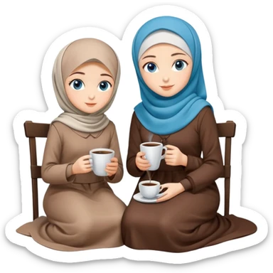 Turkish beautiful finish Konya girls blue eyes with Coffee design Beauty hijab long tail dress and the two friends sits on the chair on the ground and holds cup coffe with her hand  sticker