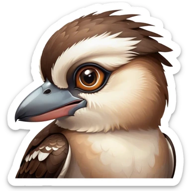 Cinematic Cute Kookaburra Portrait Emoji, Head tilted playfully and inquisitively, featuring a glossy brown plumage with subtle cream accents and a perky, expressive beak, round, sparkling eyes filled with curious mirth, Simplified yet irresistibly adorable features, highly detailed, glowing with a warm, friendly glow, high shine, affectionate and spirited, stylized with a touch of bushland whimsy, bright and endearing, soft glowing outline, capturing the essence of a mischievous yet loving kookaburra, so playful it feels like it could chuckle out of the screen into your arms! sticker