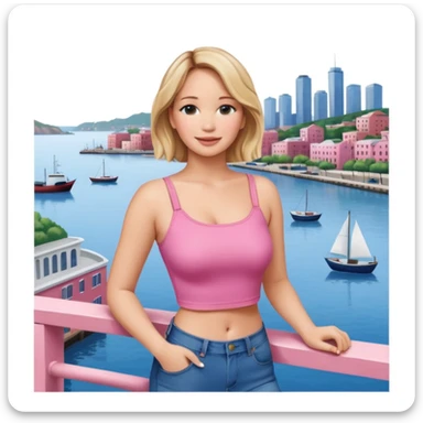 jennifer lawrence, pink crop top, and blue jeans, leaning on a balcony with a harbor and cityscape in the background, smiling sticker