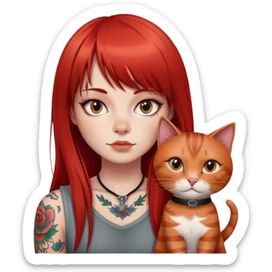 girl with long red  straight bangs hair and tattoos and a grey-shared cat sticker