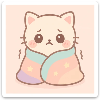 kawaii style kitten shivering with cold, wrapped in a blanket, light background sticker