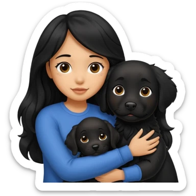 a girl with long, wavy black hair hugging a black Labrador with black fur a sticker
