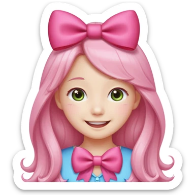wonyoung as an apple-style emoji, smiling with sparkling eyes, long hair, pink bow sticker