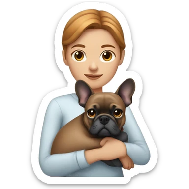 caramel hair woman with dark eyes hugging dark gray french bulldog sticker
