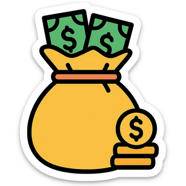 colored icon of a money bag with coins and banknotes peeking out sticker