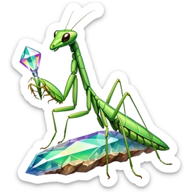 Base Animals: Praying Mantis + Geode
Types: Bug/Rock
Concept: A mantis with limbs and body segments made of colorful crystal formations that refract light into dazzling displays. Its scythe arms are razor-sharp crystal edges. sticker