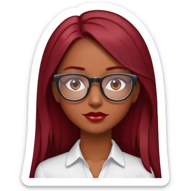 Garota linda, parda, cabelos longos e lisos, cabelos de cor "dark red cherry" blusinha branca e óculos de grau sticker
