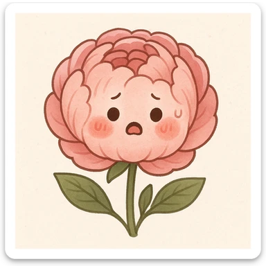 A cute, round pink peony flower with rosy cheeks and a nervous expression, in general style. sticker