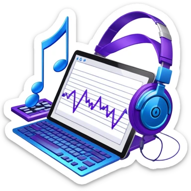 Create a creative and inspiring emoji that represents writing music tracks. The design should feature musical notes, a pen or pencil, and a digital audio workstation (DAW) interface or a computer screen with a visible waveform, symbolizing the process of composing and arranging a track. Add elements like a metronome or a pair of headphones to reflect the recording and editing aspects. Use vibrant colors like electric blue, purple, or neon green to represent creativity and innovation in music production. The background should be transparent. sticker