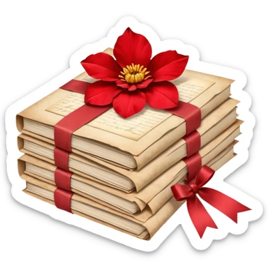 A beautifully arranged Stack of aged letters, tied with a red ribbon, envelopes, corespondence, aesthetic, red flower petals around, mail sticker
