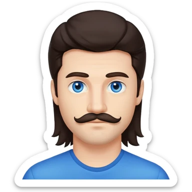 28 Year old man, dark brown mullet moustache and blue eye sticker