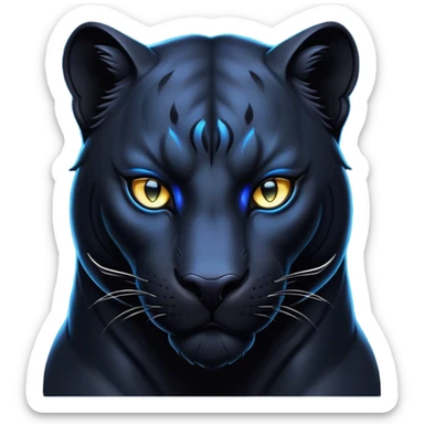 Cinematic Noble Panther Portrait Emoji, Poised and regal, with a sleek, muscular build draped in glossy, midnight-black fur and piercing, luminescent eyes, Simplified yet sharp and sophisticated features, highly detailed, glowing with a soft, mysterious glow, high shine, intelligent and enigmatic, stylized with an air of stealthy authority, focused and commanding, soft glowing outline, capturing the essence of a watchful and confident jungle guardian that appears ready to prowl out of the screen with effortless authority! sticker