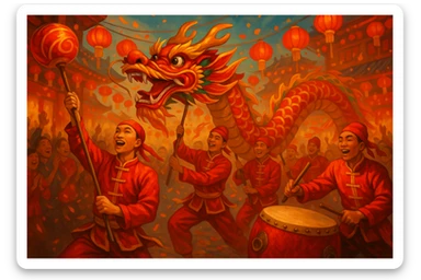 Chinese New Year dragon dance celebration, vibrant colors and lively energy sticker