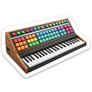 3D render of Synthesizer, vintage 1980s audio equipment aesthetic, tactile analog buttons, black matte keys with colorful rainbow slider knobs, mixed wood grain and brushed aluminum textures, Apple emoji style, isolated on white background --v 6.0 sticker
