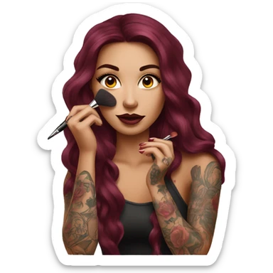 Beautiful tattooed burgundy long haired woman doing her makeup sticker