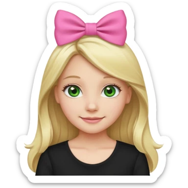 blonde girl middle part long hair , pink bow in hair, plain black top, green eyes. sticker