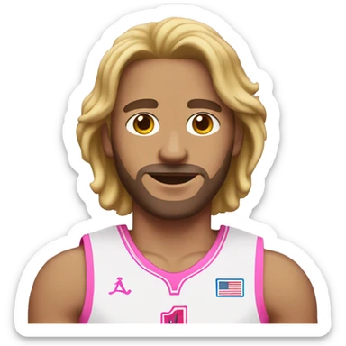 An emoji of a white-skinned man with slightly long hair, wearing a pink basketball jersey and holding a pink basketball sticker