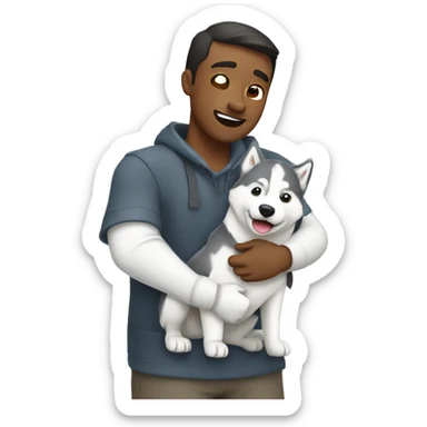 A man hugs a white and gray husky sticker