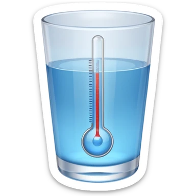 At a 45-degree angle backward and slightly to the right, the thermometer in a glass of water should be gray, like a mercury thermometer, and show 50+>C in 3D format. The water should also be blue. sticker