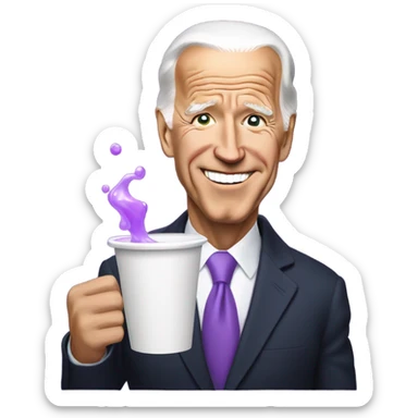 biden with purple liquid spilling out of white cup sticker