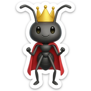 Ant with golden crown doing superhero pose, without cape, but with the minimal features of an ant sticker