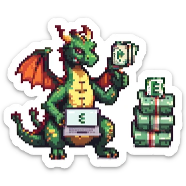 A dragon with a laptop and a stack of money sticker