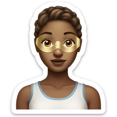 BROWN HAIR GIRL White girl with freackles and Brown hair, and blue eyes using Gold gel mask under her eyes sticker