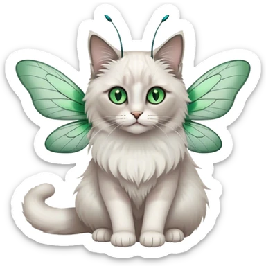 White and gray ragdoll Cat with dragonfly wings antennae green eyes sticker