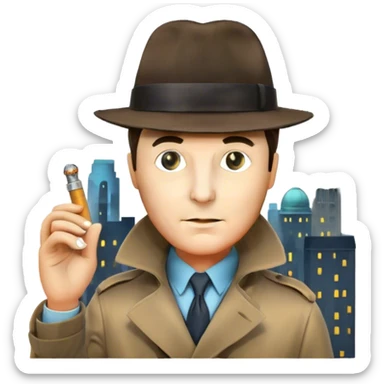 Icon for Detective Movies: A colorful collage featuring iconic detective elements—magnifying glass, a fedora hat, a cigarette, a shadowy figure, and a mysterious city backdrop. Include subtle clues like fingerprints or a crime scene. Retro movie poster style. Transparent background. sticker
