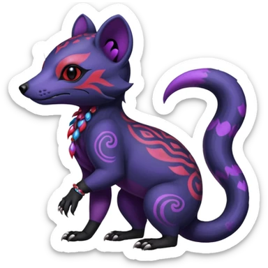 Rare warm-colored exotic gloomy tropical edgy cute epic aesthetic spooky indigo violet purple black red gothic colorful Salandit-Civet-species-Fakemon-hybrid-creature, with tribal tattoo markings, full body sticker