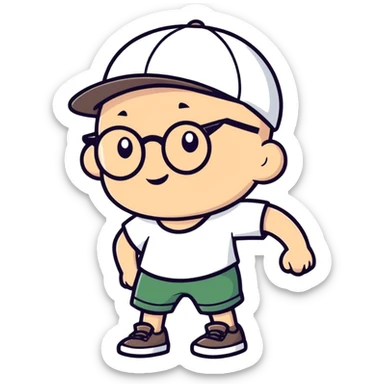 bald boy with glasses indoors with dodges hat sticker