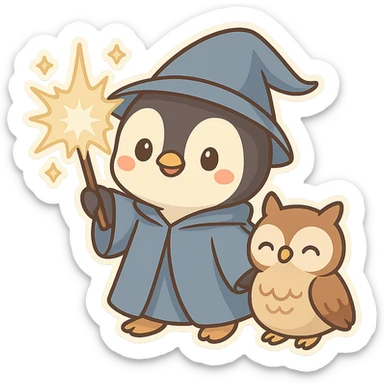 Add a cute pet owl next to the penguin wizard, keeping the whimsical chibi sticker style, with no background. sticker