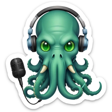 Cthulhu with headphones and microphone recording audio as a sound engineer sticker