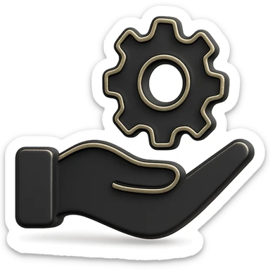 an icon representing services, such as a hand holding a gear, a handshake, or a support headset in 3D black style sticker