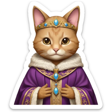 “Half-body humanoid figure with a realistic cat face, wearing ornate bishop robes and a mitre, dark gothic background, dramatic lighting, sticker