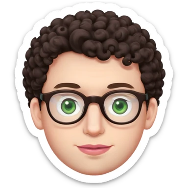 Young man with dark brown curlier poofy hair (same style but more curls), green eyes wearing glasses, wide face with eyes set apart, bigger ears, very pale skin, slightly bigger nose, fuller darker pink lips with a smile, and very light stubble sticker