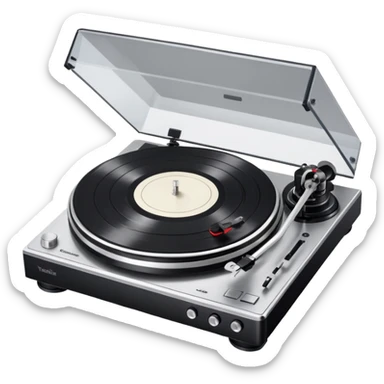 Technics turntable, perfect and clean, smooth waxy surface, realistic platter and tonearm details, silver and black sticker