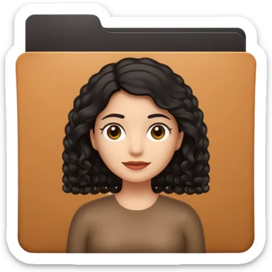 A **simple emoji-style icon** of a **black transparent plastic folder**, sleek and minimal, with **rounded corners**, subtle translucency, soft shading, and a **small logo of a canela-skinned latina with curly black hair** on the front.
 sticker