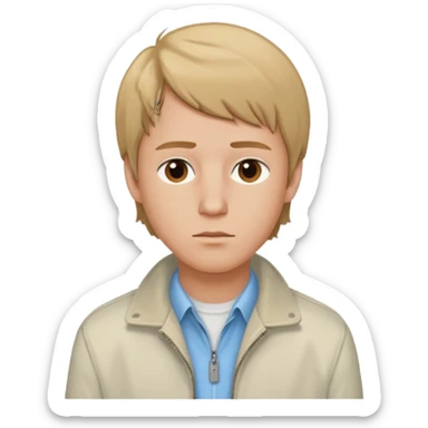 Brian Lackey from Mysterious Skin with brown eyes, dark blonde hair, light blue shirt, ivory jacket sticker