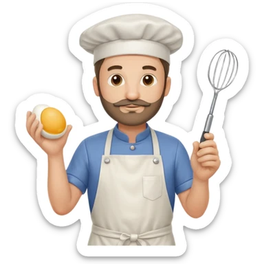 Middle aged male pastry chef - with a small beard, apron, white hat, holding an egg beater in his right hand, and his left hand naturally hanging down to his side sticker