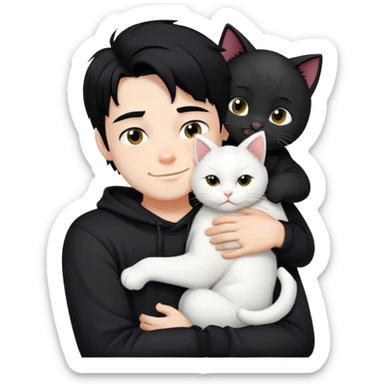 A bad boy with black hair wearing a sweatshirt happily hugs a white cat sticker