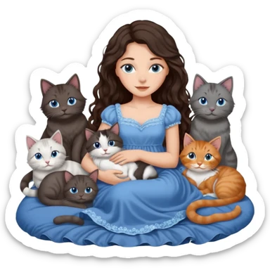 detailed realistic looking a dark grey and white cat regally laying with six other cats, cuddling with their owner in bed who is a pretty bratz lightly tanned white girl with long dark brown hair, blue eyes and gorgeous long wavy hair wearing a pretty detailed dress sticker
