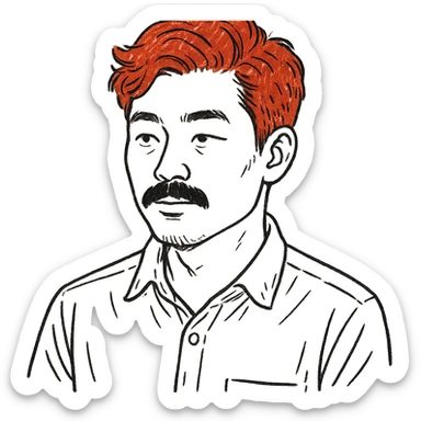 Asian man with black mustache and red hair, hand-drawn outlined style sticker