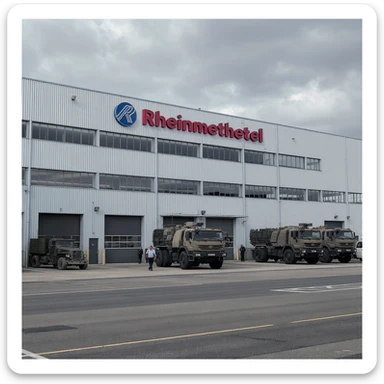 Realistic Rheinmetall factory exterior, large industrial building with Rheinmetall logo, parking lots filled with military vehicles, factory grounds with machinery and equipment, realistic lighting and shadows, industrial atmosphere, workers in uniforms walking around sticker